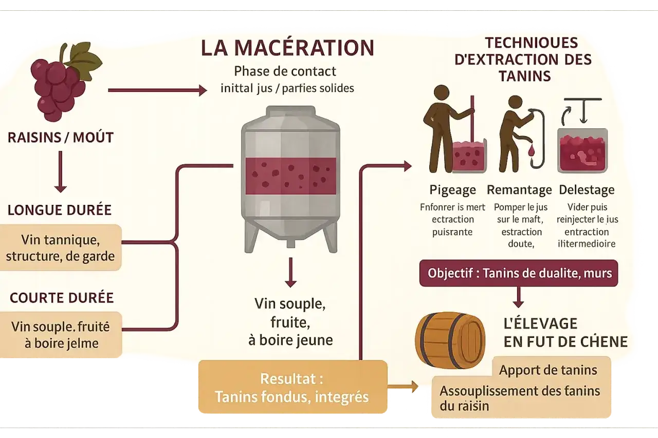 Schéma du processus de vinification montrant l'extraction des tanins. Le vin blanc peut être tannique, structuré et de garde.