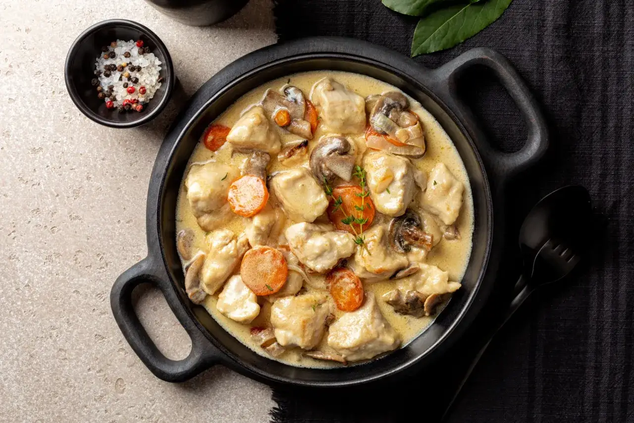 Un plat de blanquette de poulet crémeuse avec des champignons et des carottes, servi dans une cocotte noire. Un accompagnement parfait pour un repas réconfortant.