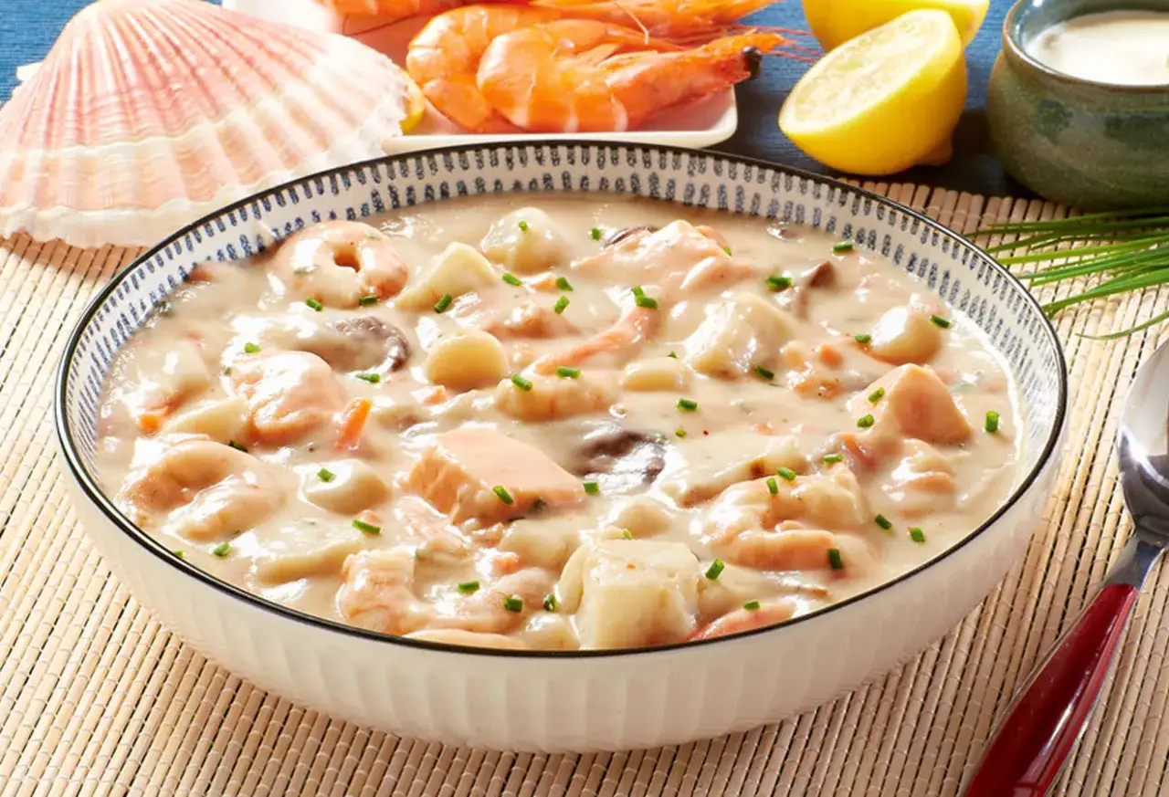 Un crémeux navarin de la mer avec crevettes et poisson, garni de ciboulette. Parfait avec des pommes de terre ou du riz.
