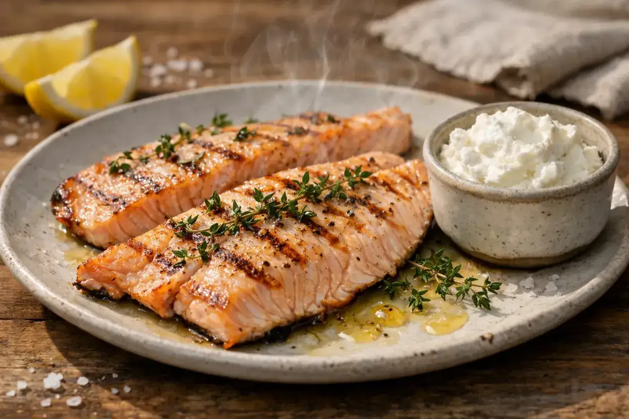 Deux pavés de truite au barbecue, parsemés de thym frais, servis avec du fromage blanc et des quartiers de citron.