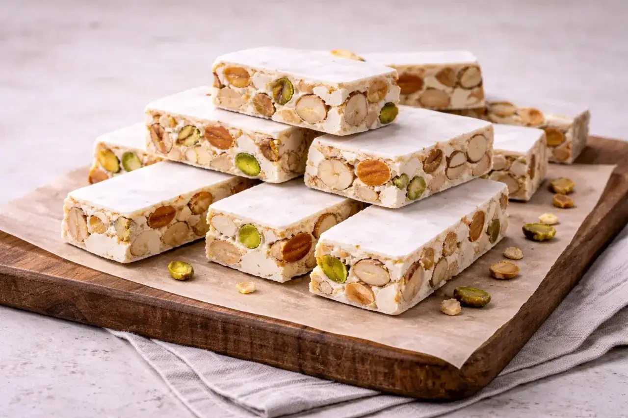 Des barres de nougat blanc, riches en amandes et pistaches, prêtes à être dégustées. Une recette de nougat maison qui fait saliver.