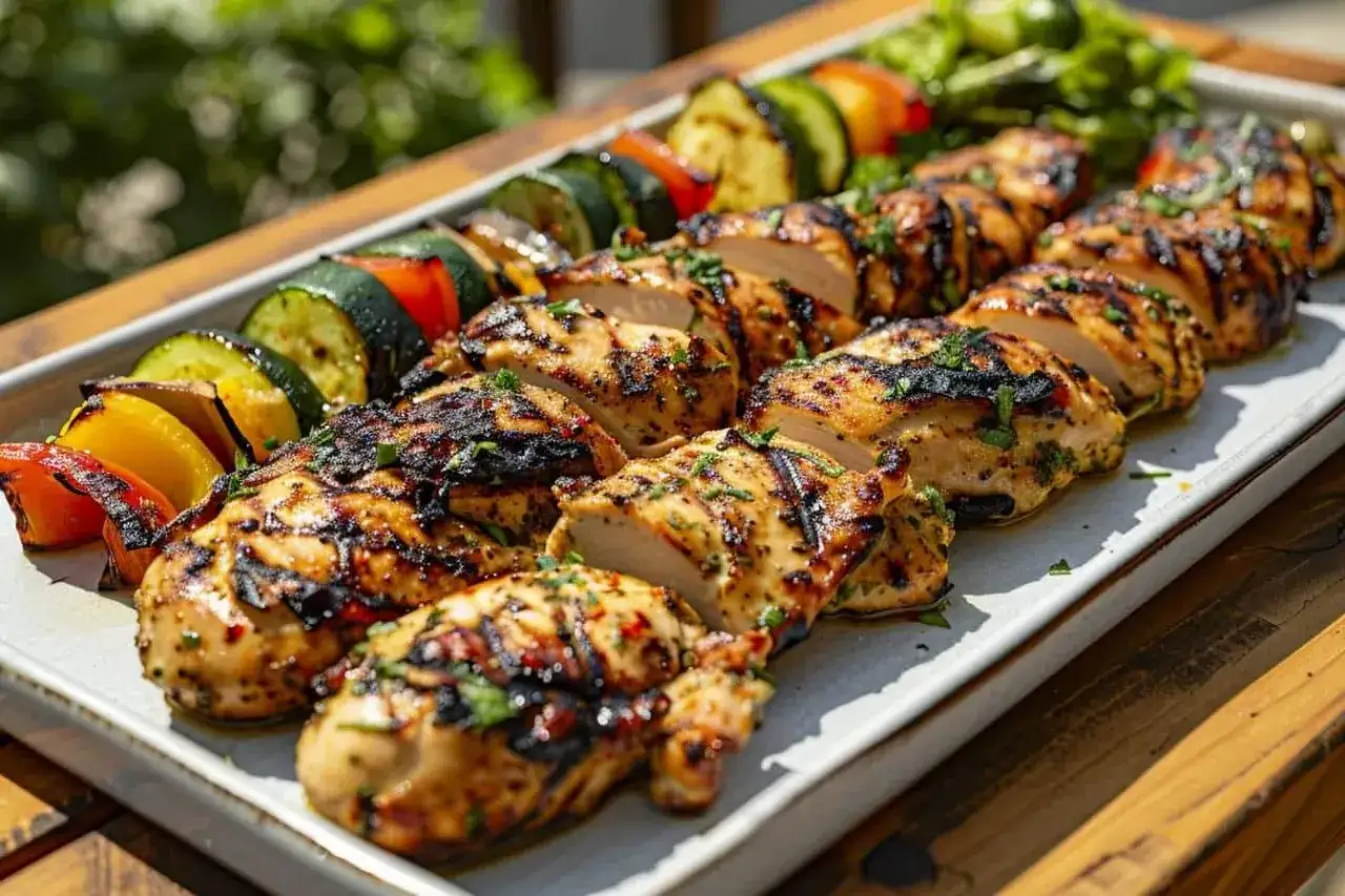 Poulet grillé et légumes colorés sur une plaque, parfait pour une recette plancha conviviale.