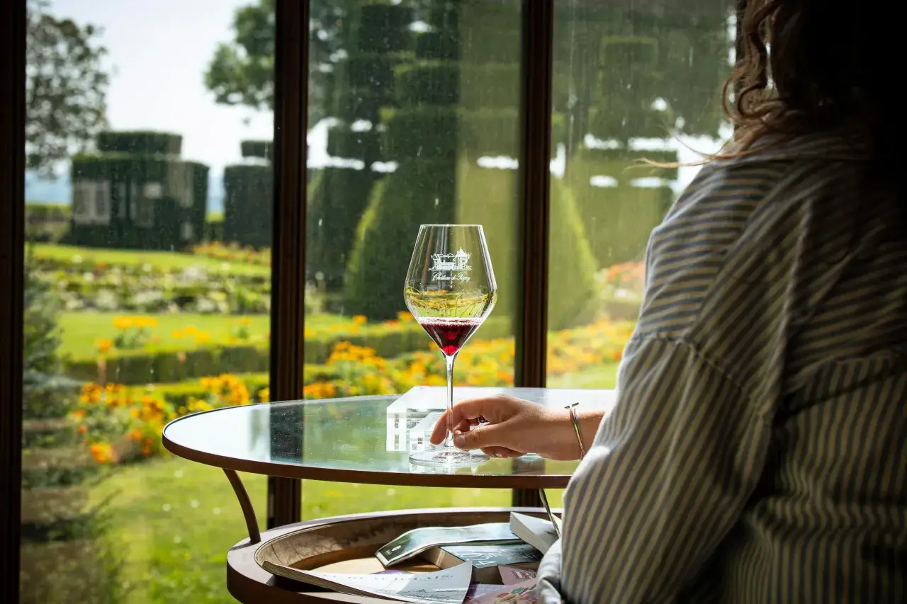 Un verre de vin rouge, logo du château, devant un jardin luxuriant. Une main le tient, invitant à découvrir comment reconnaître un bon vin rouge.