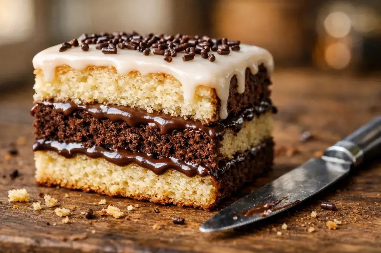 Un délicieux napolitain maison, avec ses couches de génoise et de chocolat, nappé d'un glaçage blanc et de vermicelles.