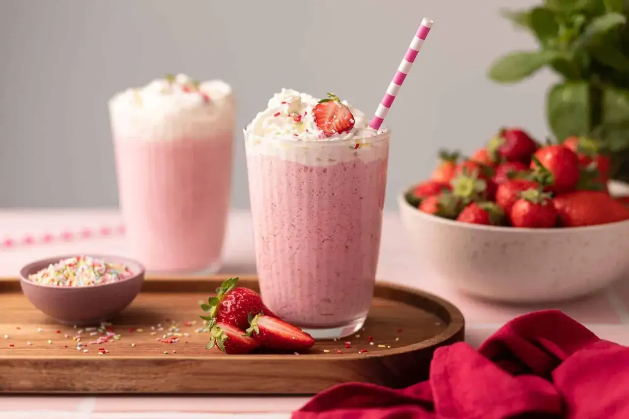 Un d&eacute;licieux milkshake fraise cr&eacute;meux, garni de chantilly, de fraises fra&icirc;ches et de vermicelles color&eacute;s.