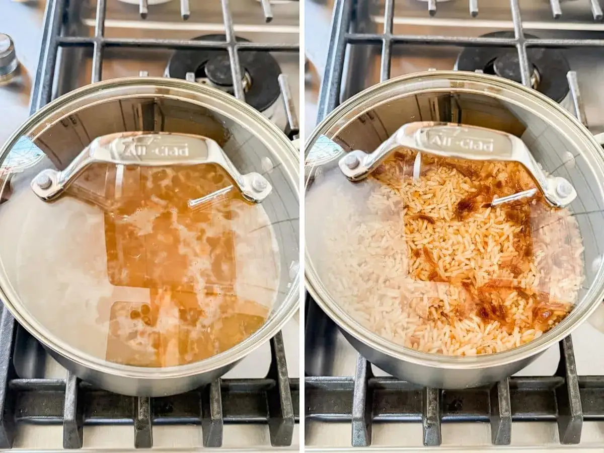 Deux casseroles sur une cuisinière. La première montre le bouillon qui bout, la seconde révèle un riz pilaf presque prêt, parfumé et doré.