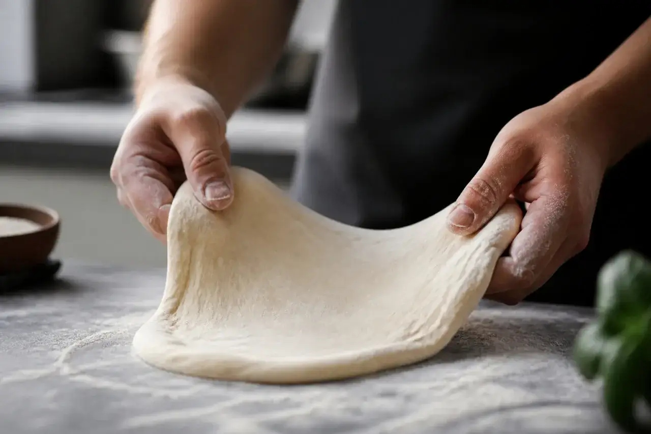 Mains travaillant la pâte à pizza napolitaine, étape clé de la recette.