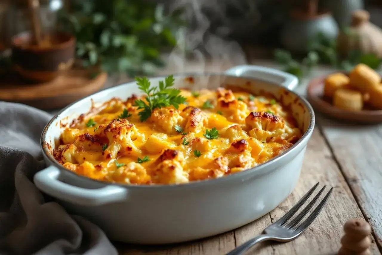 Un plat fumant de choux fleur au four à la crème, gratiné de fromage fondant et garni de persil frais. Un délice réconfortant.
