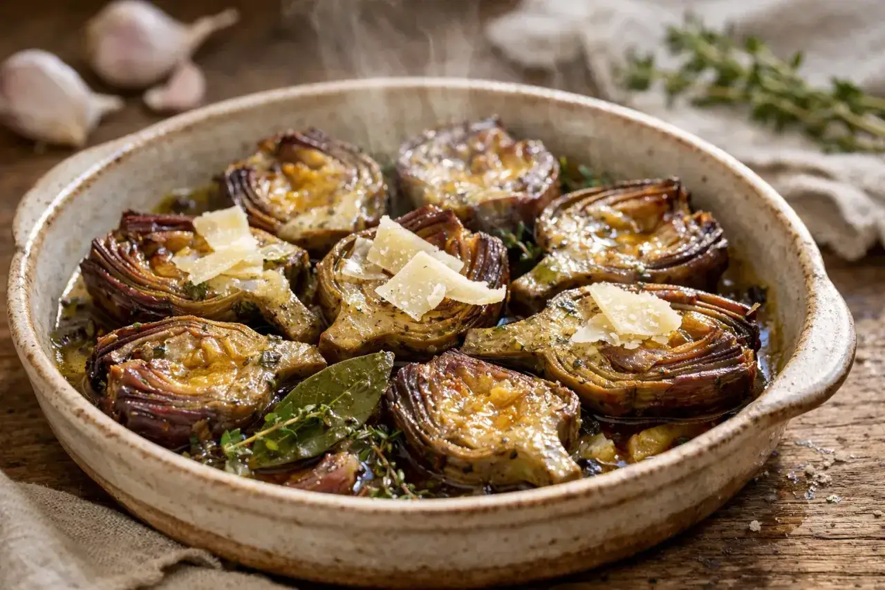 Artichauts brais&eacute;s &agrave; la proven&ccedil;ale, une d&eacute;licieuse recette artichaut barigoule, parsem&eacute;s de copeaux de parmesan.