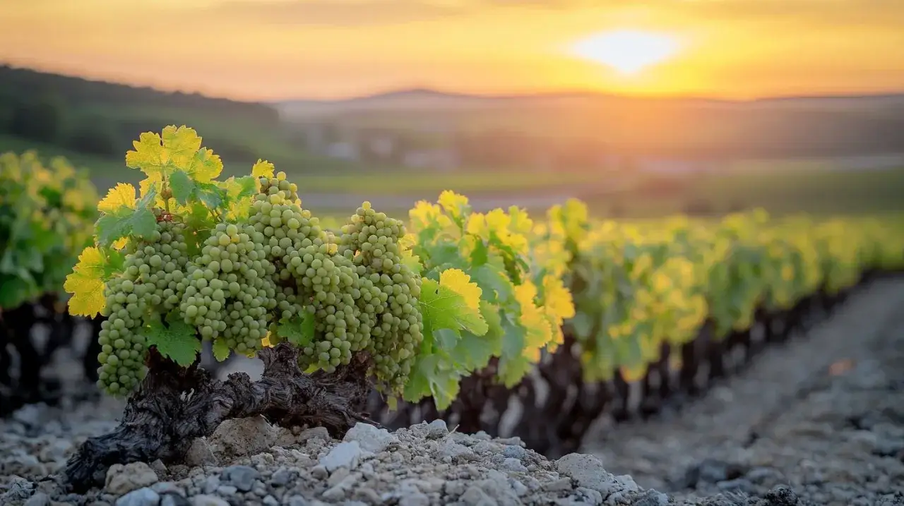 Vignes de Chardonnay au coucher du soleil, un cépage pour le champagne.