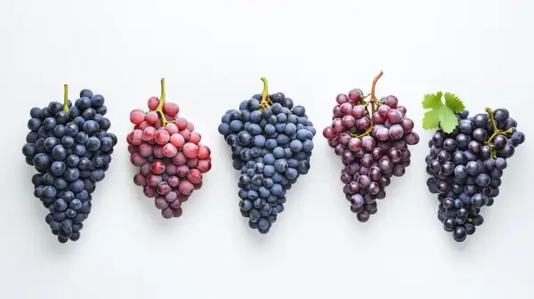 Cinq grappes de raisin, bleues et rouges, prêtes à devenir un délicieux raisin vin rouge.
